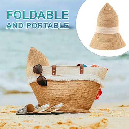 DRESHOW Women Straw Panama Hat Travel Fedora Beach Sun Hat Summer Wide Brim Straw Roll up Hats UPF 50+ - color: 1 Pack Boater Hat: Khaki With Beige Band