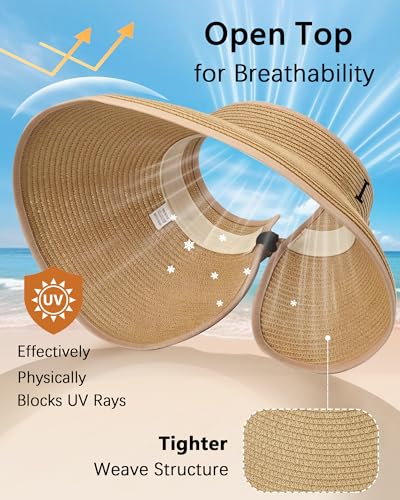 Beach Straw Sun Hat for Women, Wide Brim UV Protection Visors Hat with Ponytail Opening, Foldable Summer Travel Hat - color: Khaki - Initial I