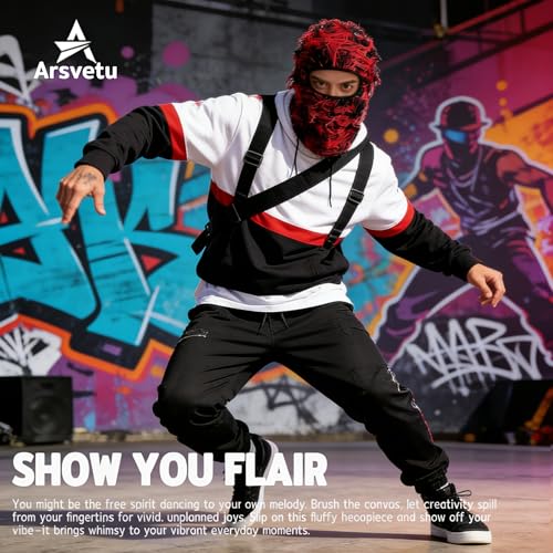Distressed Ski Mask Balaclava, Yeat Shiesty Knitted Full-Face Mask - color: Redblack