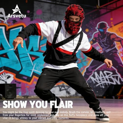 Distressed Ski Mask Balaclava, Yeat Shiesty Knitted Full-Face Mask - color: Redblack