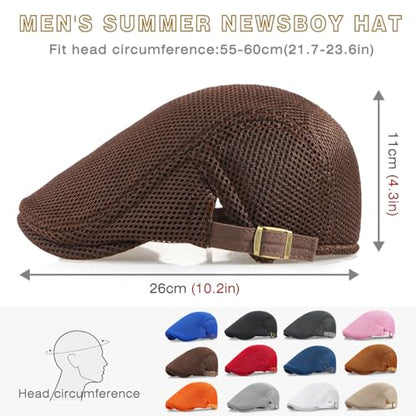 2 Pack Men's Mesh Cap Breathable Summer Newsboy Hat Adjustable Beret Ivy Cap Irish Cabbie Driving Hunting Hats - color: Black/Coffee