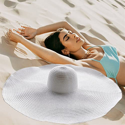 Oversized Beach Hat Women, Extra Wide Brim Foldable Straw Floppy Sun Hat - color: White