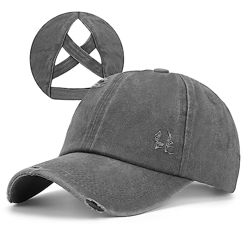 Criss Cross Ponytail Hat Women Washed Distressed Baseball Caps Adjustable High Messy Bun Ponycap - color: B - Denim Grey