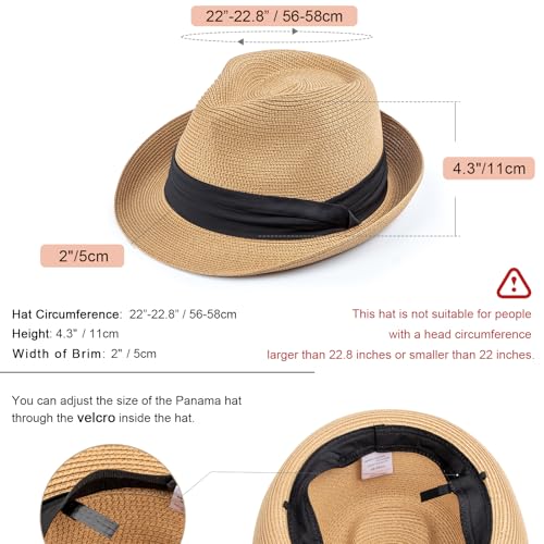 AQOKKA Summer Straw Fedora Hat for Women Men Travel Panama Hat with Wide Brim Roll Up Sun Hat for Beach Outdoor UPF 50+ - color: A Khaki