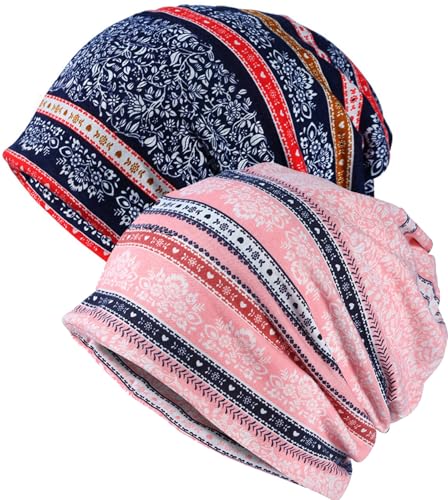 XYIYI Womens Chemo Headwear Hats Cotton Slouchy Beanie Cap Scarf - color: 2pcs Stripe Flower Navy Pink