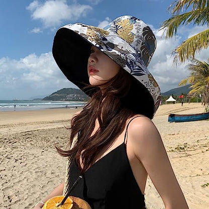 HUAMULAN Women Summer Vacation Wide Brim Sun Hat Reversible Fishing Hats - color: Navy