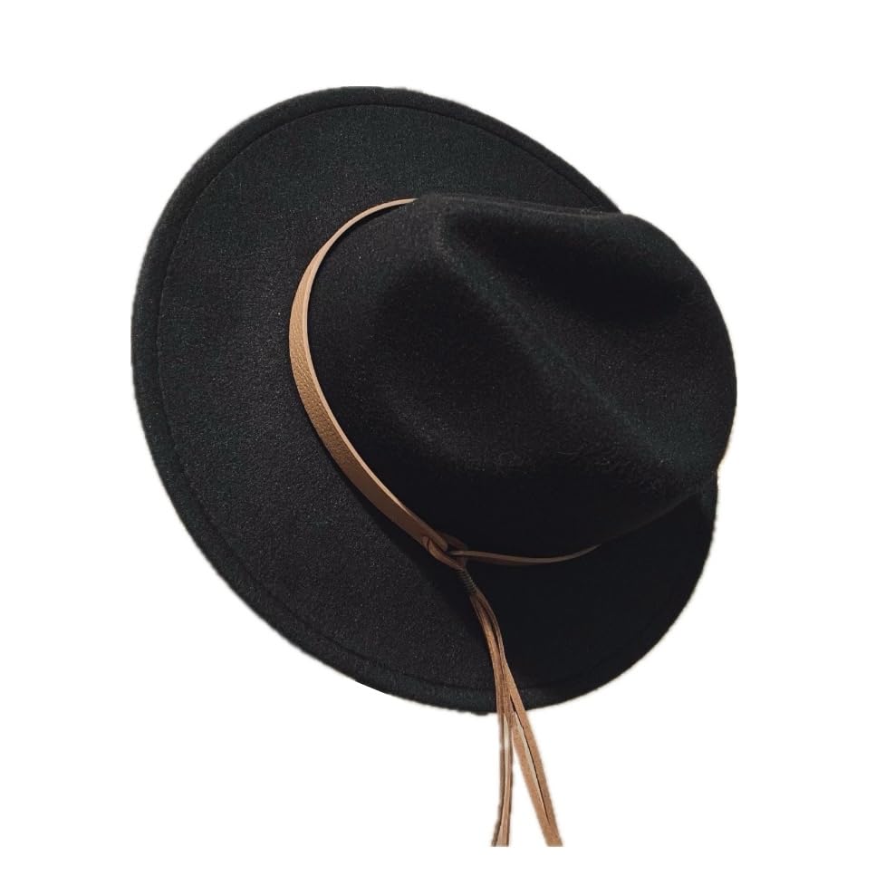 Kids Flat Brim Hat, Girls Wide Brim Felt Fedora Cap, Boho Western Cowgirl hat Fringe Hatband, Boys Panama hat Wool Style - color: Black