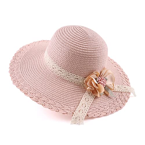 Baby Girl Straw Hat 3-6 Years Girls Summer Beach Hats with Bowknot Sun Protection Hats for Kids - color: Pink Flower