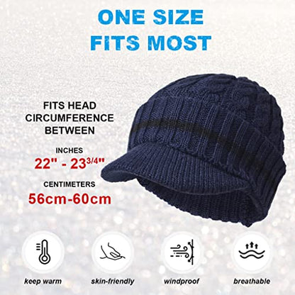 Ruphedy Mens Beanie with Brim Winter Hat Knitted Thick Fleece Visor Beanie - color: B321-navy