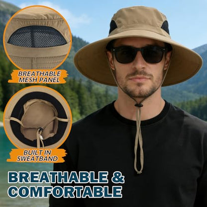 Wide Brim Sun Bucket Hat, Waterproof Boonie Hat for Men & Women - color: 01 Camel