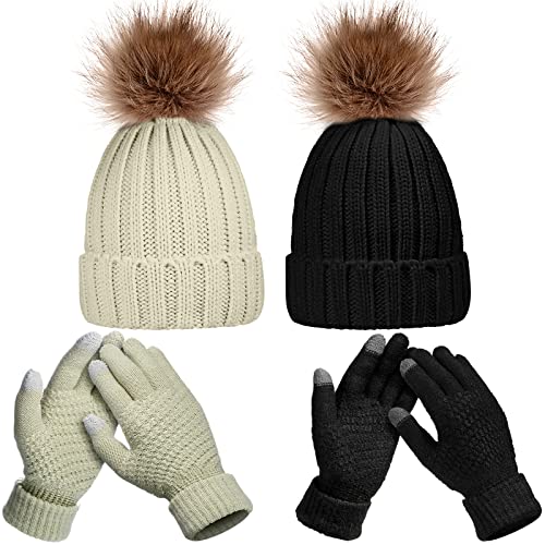Syhood 4 Pcs Hat and Glove Set Winter Beanie and Glove Set - color: Black and Beige