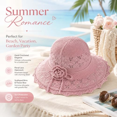 Woven Straw Bucket Hat for Women Bowknot Straw Bucket Hats Packable Sun Hats Summer Party Travel Daily Wear - color: Pink