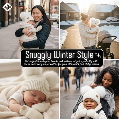Funky Junque Baby Double Faux Fur Pom Pom Beanie & Mittens Set – Newborn Infant 0–9 Months Winter Hat with Soft Lined Mittens - color: Ear Flap Ivory W/ Ivory Mittens (0-9 Months)