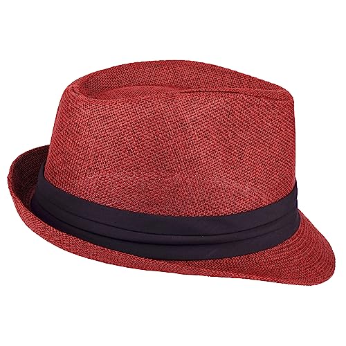 Gelante Summer Fedora Panama Straw Hats with Black Band - color: Red, size: Small-Medium
