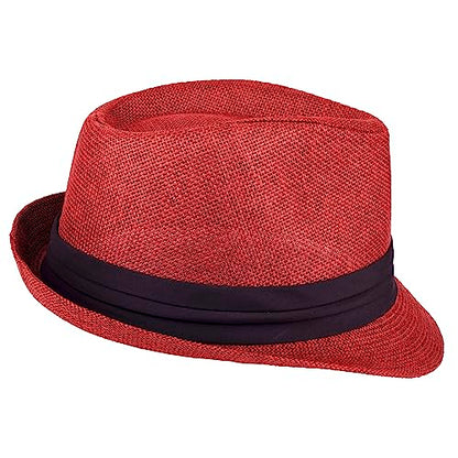 Gelante Summer Fedora Panama Straw Hats with Black Band - color: Red, size: Small-Medium