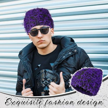 Chuarry Distressed Knitted Beanie Fuzzy Winter Hat - color: Assorted Purple Black