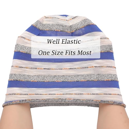 ZLYC Cotton Thin Slouchy Beanie Hat for Men Women Stretch Skull Cap - color: Stripes Blue, size: One Size