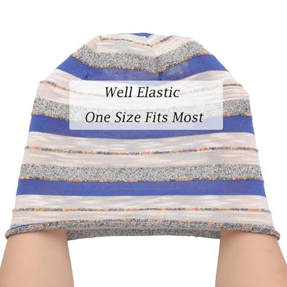 ZLYC Cotton Thin Slouchy Beanie Hat for Men Women Stretch Skull Cap - color: Stripes Blue, size: One Size