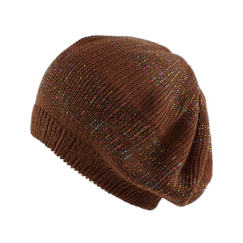 Morehats Women's Warm Metallic Stripe Knit Beret Hat - color: Brown