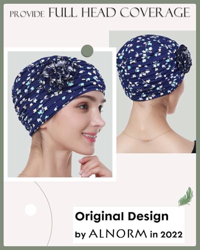Alnorm Flower Design Chemo Hair Loss Caps Cancer Headwear for Women - color: Blue Green