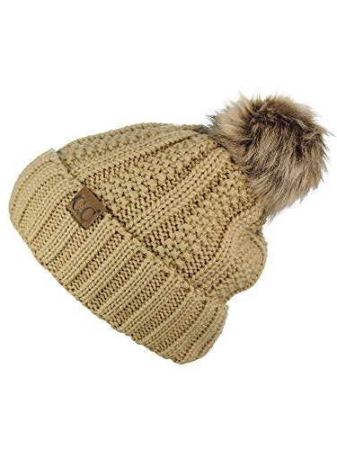 C.C Thick Cable Knit Faux Fuzzy Fur Pom Fleece Lined Skull Cap Cuff Beanie - color: Camel