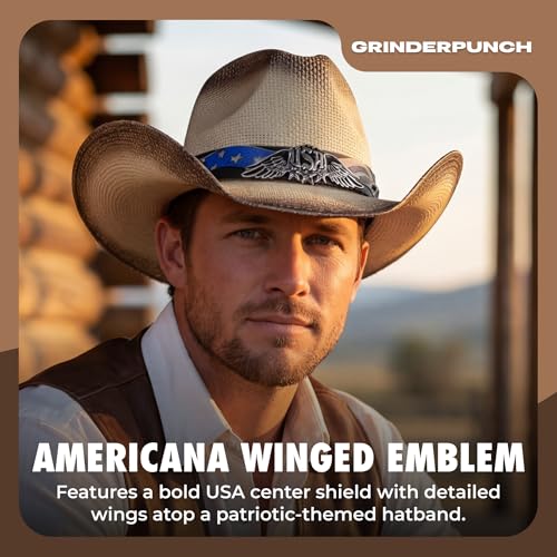 grinderPUNCH Straw Cowboy Hat for Men Women Western Cowgirl Outback Sun Hat - color: White