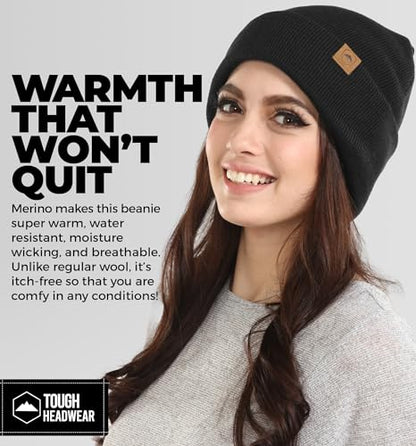 Tough Headwear Merino Wool Beanie - Moisture Wicking Winter Hats for Women - Stretchy Mens Beanie - Breathable Wool Hat - color: Black