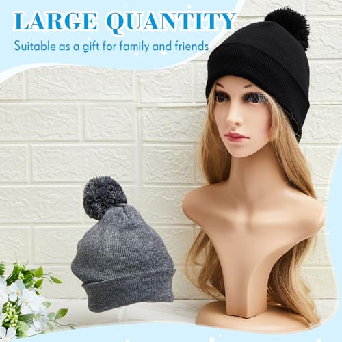 Geyoga 2 Pcs Pom Beanie Hat Men Women Winter Hat Pom Knit Cap Beanies with Ball at Top Acrylic Winter Cap with Cuff - color: Black, Dark Grizzled Grey, style: Classical