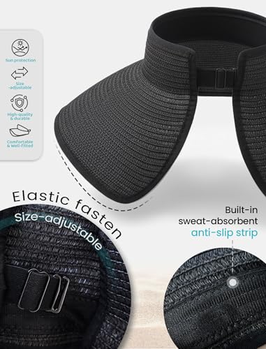 CHUNG Women Straw Sun Visors Wide Brim Ladies Beach Hat Open Top Ponytail Packable Vacation Summer Travel - color: E-black