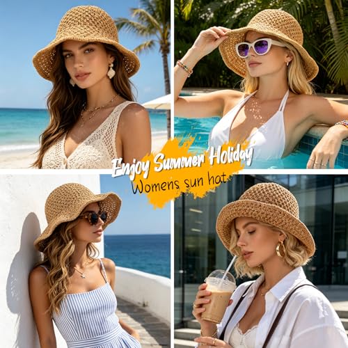 Sun Hat for Women Summer Straw Beach Hats Bucket Hat Floppy Crochet Hat - color: Khaki
