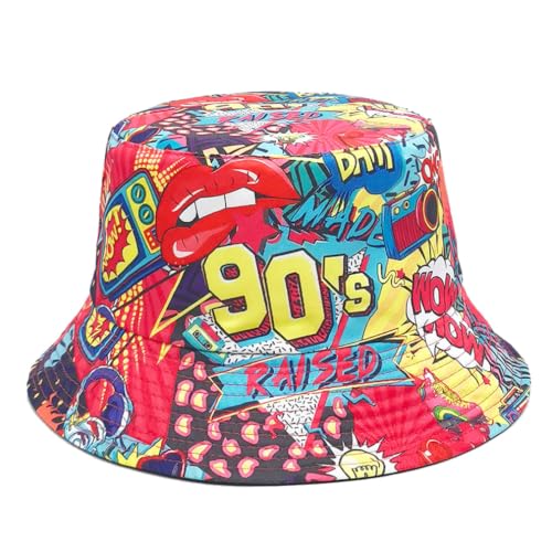 Quanhaigou Reversible Printed Bucket Hat,Summer Beach Outdoor Cap - color: 90s