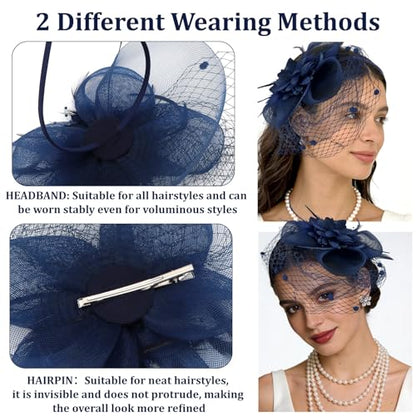 Semato Fascinators Hats for Women Mesh Feathers Elegant Navy Blue Tea Party Kentucky Hat Derby Headband with Hair Clip - color: Navy Blue