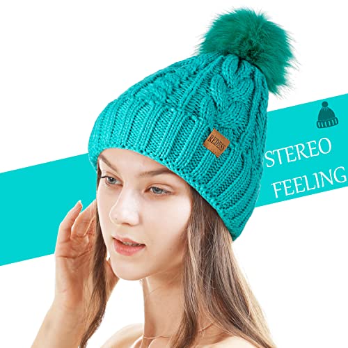 REDESS Women Winter Pompom Beanie Hat with Warm Fleece Lined Thick Slouchy Snow Knit Hat Skull Ski Cap - color: Mint Green