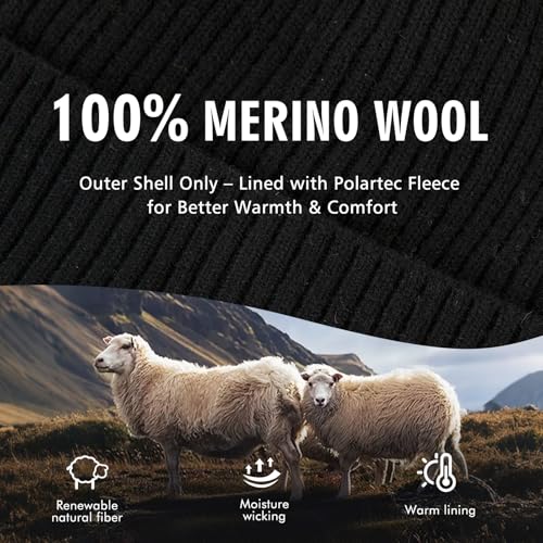 TOP-EX 100% Australian Merino Beanie, S/M-XL/XXL, Polartec Fleece Lined - color: Te94586_black, size: Medium-Large