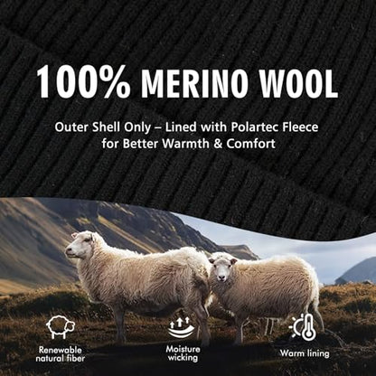 TOP-EX 100% Australian Merino Beanie, S/M-XL/XXL, Polartec Fleece Lined - color: Te94586_black, size: X-Large-XX-Large