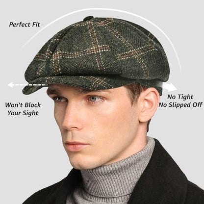 Mens Newsboy Cap High Woolen Tweed Gatsby Hat Ivy Cabbie Flat Golf Cap for Fathers Women Unisex - color: Plaid Green, size: 7-7 1/8