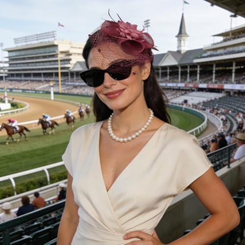 Semato Fascinators Hats for Women Mesh Feathers Elegant Burgundy Tea Party Kentucky Hat Derby Headband with Hair Clip - color: Burgundy