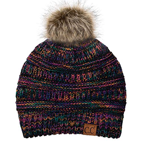 C.C Fur Pom Winter Fall Trendy Chunky Stretchy Cable Knit Beanie Hat - color: Black Multi(32) Mix (With Pom)