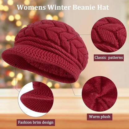 Loritta Womens Winter Beanie Hats, Thick Warm Beanie with Visor Brim - color: Wine Red