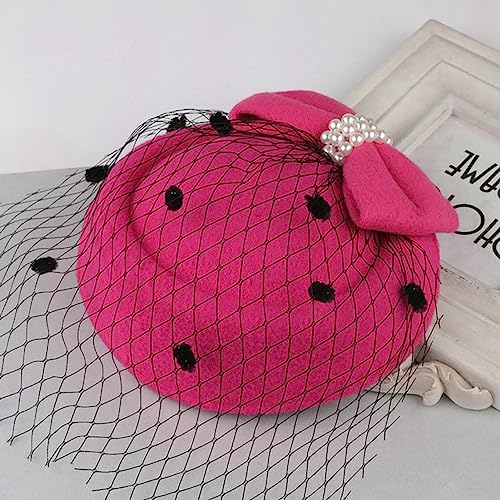 Fascinators Hats Pillbox Hat for Girl and Women - color: Rose Red-fascinator With Bowknot Veil