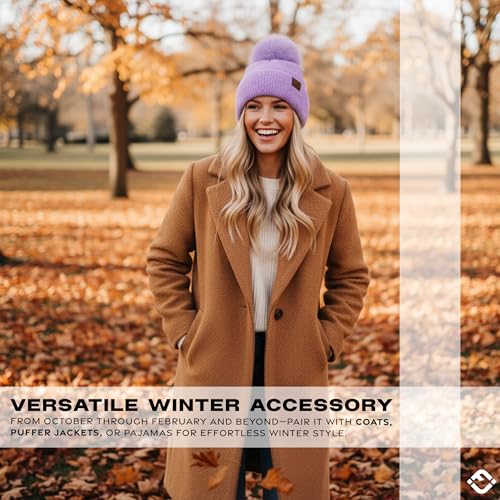 Funky Junque Beanie for Women Ultra Soft Chenille Faux Fur Pom Pom Winter Hats Warm Ski Cap Fashion - color: Lavender