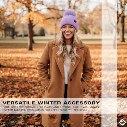 Funky Junque Beanie for Women Ultra Soft Chenille Faux Fur Pom Pom Winter Hats Warm Ski Cap Fashion - color: Lavender