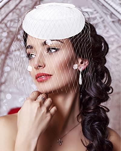 Pillbox Hat with Veil Vintage Fascinators for Women Tea Party Bridal Wedding Halloween First Communion Hats - color: White