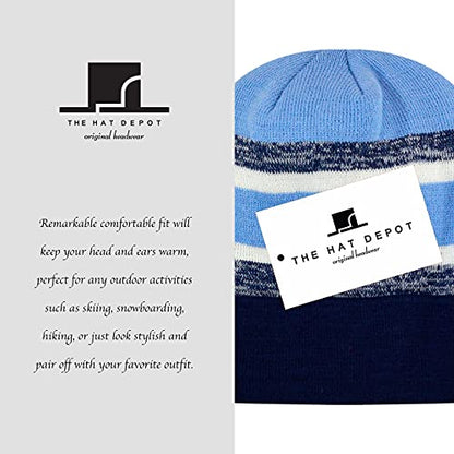 Winter Knit Beanie Hat with Pom Pom – Warm Cuffed Slouch Ski Cap for Men & Women - color: 2.navy and Sky Blue