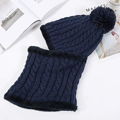 HUAMULAN Women Winter Knit Beanie Hats One Piece Fleece Lined Balaclavas - color: Navy