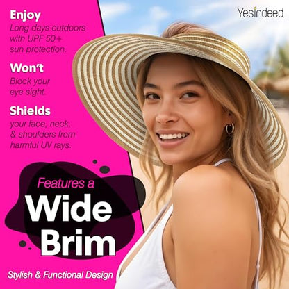 Women’s Sun Visor - UPF 50+ Protection, Wide Brim, Adjustable, Ponytail-Friendly, Packable - Ideal for Travel & Beach - color: Straw Stripes