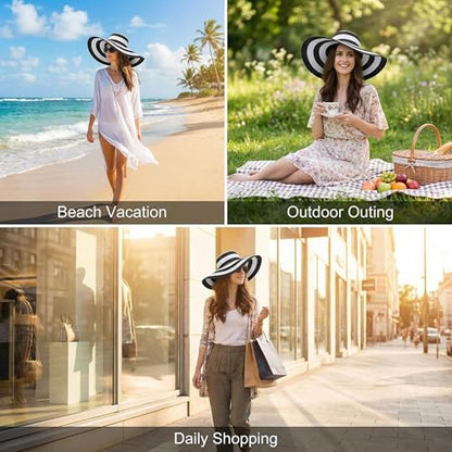 Women's Beachwear Sun Hat Black and White Striped Straw Hat Floppy Beach Hat Foldable Wide Brim Cap
