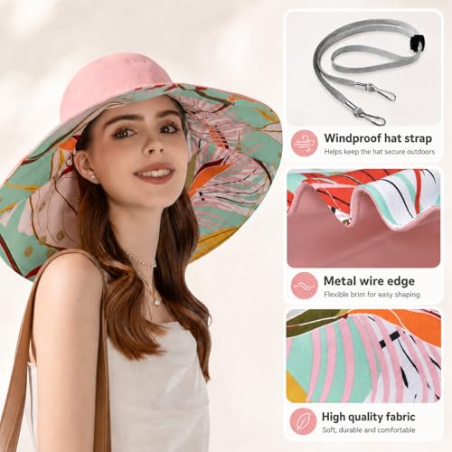 HUAMULAN Wide Brim Women Summer Sun Floppy Hat Reversible Beach Bucket Hat - color: Bg8240-pink