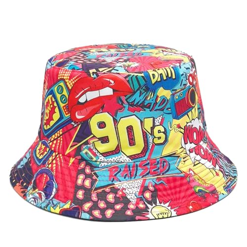 Printed Bucket Hat - Reversible Packable Summer Travel Beach Sun Cap for Men Women Teens - color: 90s Graffiti