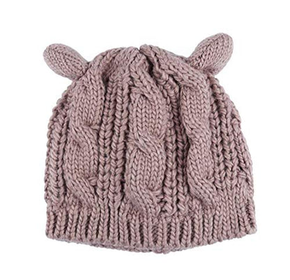 Women Winter Wool Baggy Beret Beanie Cute Devil Cat Ear Crochet Braided Knit Hat Ski Cap - color: Khaki